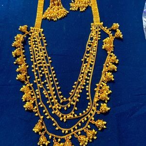 Long 6 liner gold plated gorgeous necklace with earrings